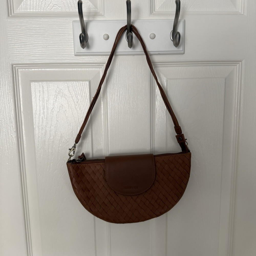 Mandrn Naomi Woven Tan Leather Shoulder Bag Purse Handbag Made In Bali - Picture 14 of 16